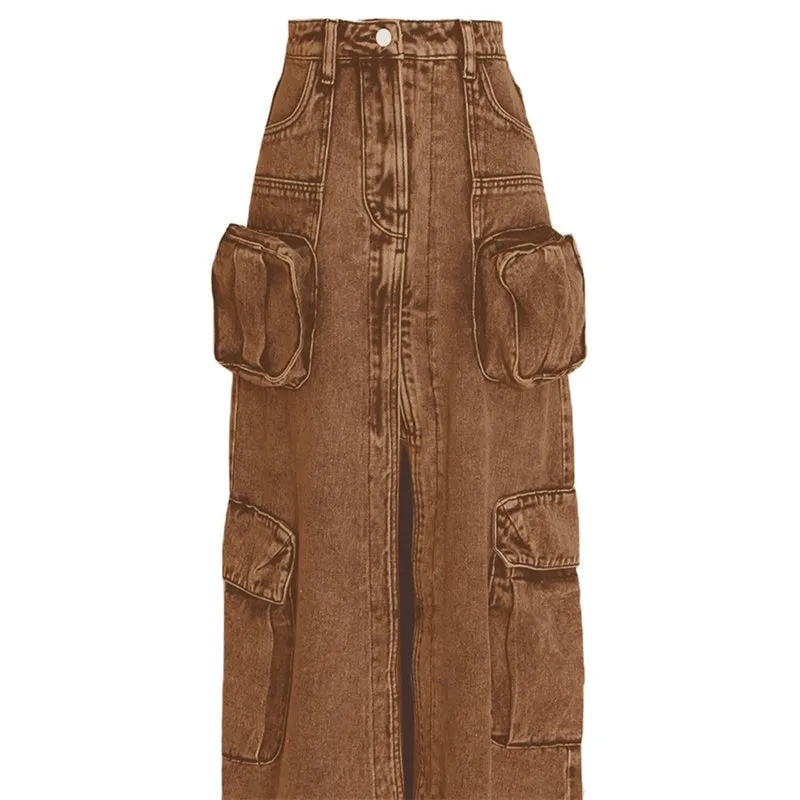 London High Waist Denim Cargo Skirt