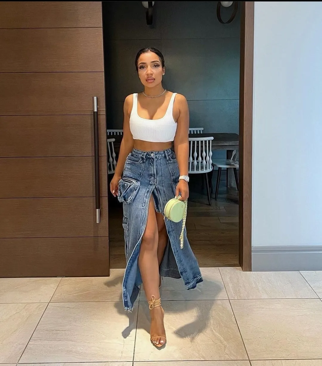London High Waist Denim Cargo Skirt