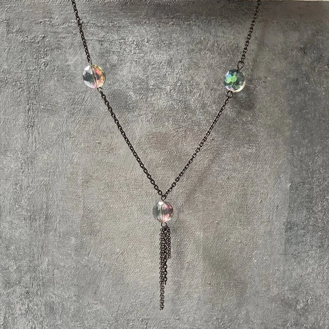 Long crystal and Chain Layering Necklace,