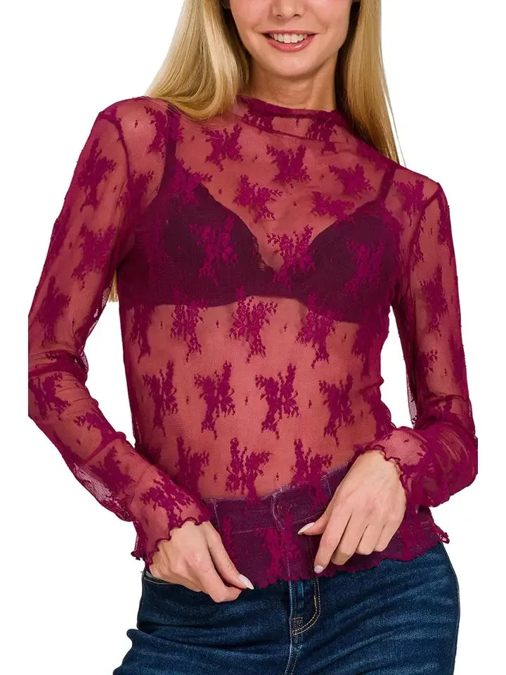 Long Sleeve Lace See-Through Layering Top
