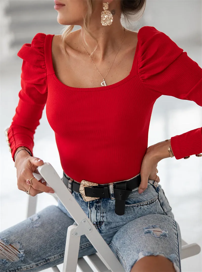 Long Sleeve Solid Color Button Commuting Elegant Top