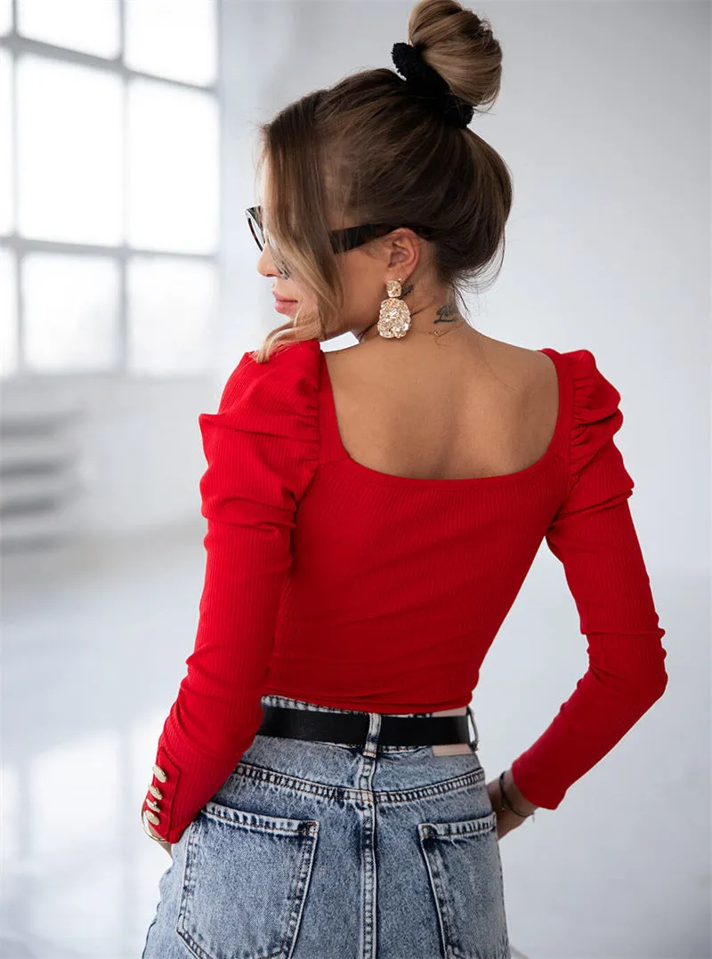 Long Sleeve Solid Color Button Commuting Elegant Top