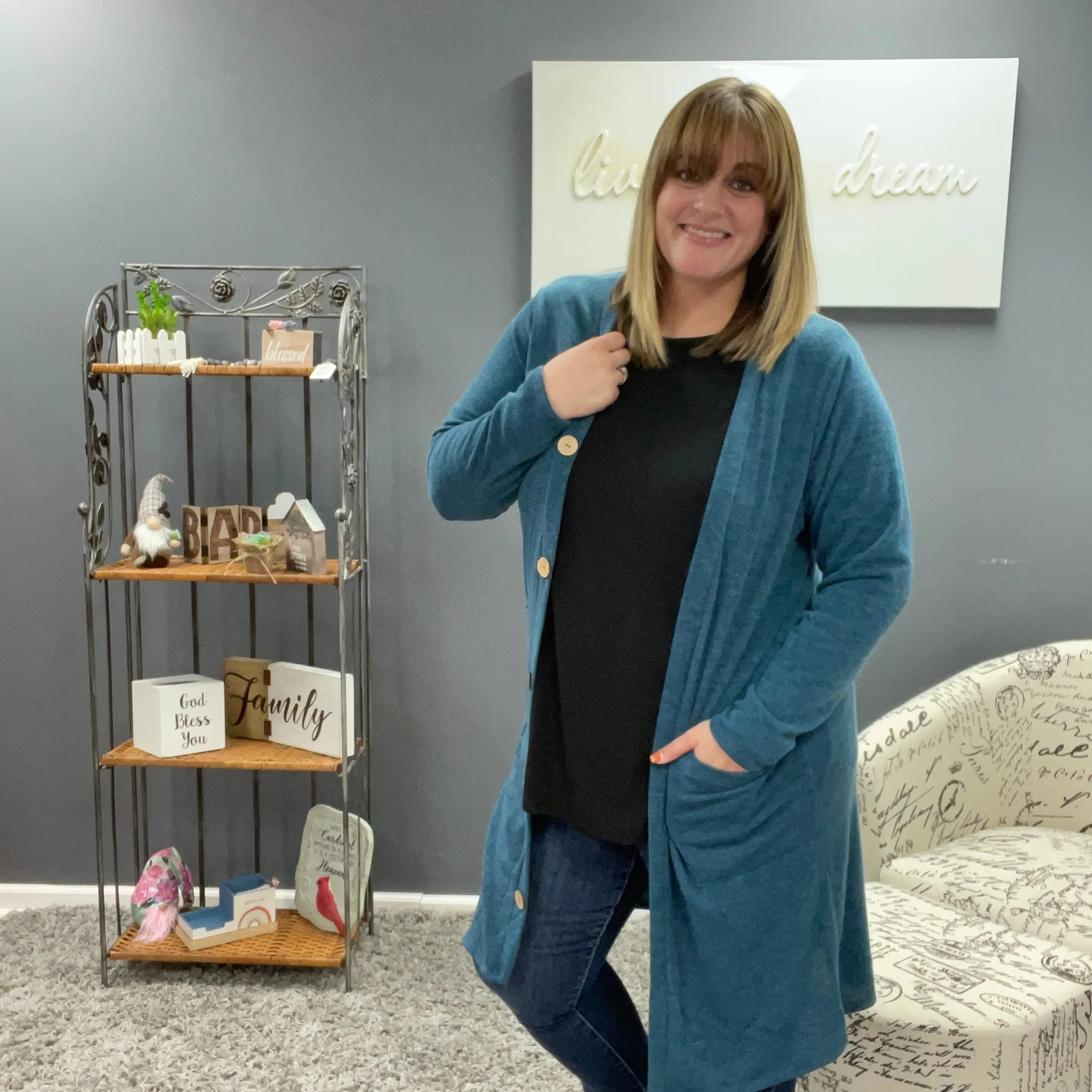 Long Teal Cardigan with Faux Buttons