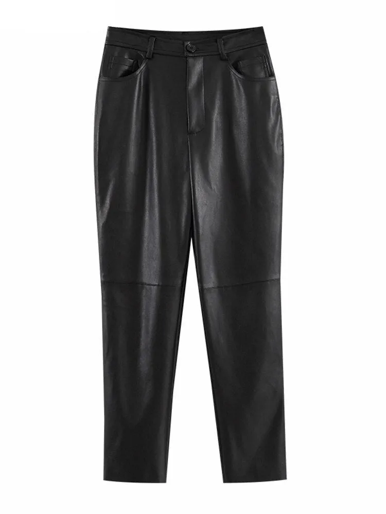Loose Pockets Women PU Leather Trousers High Waist Single Button Ladies Straight Pants