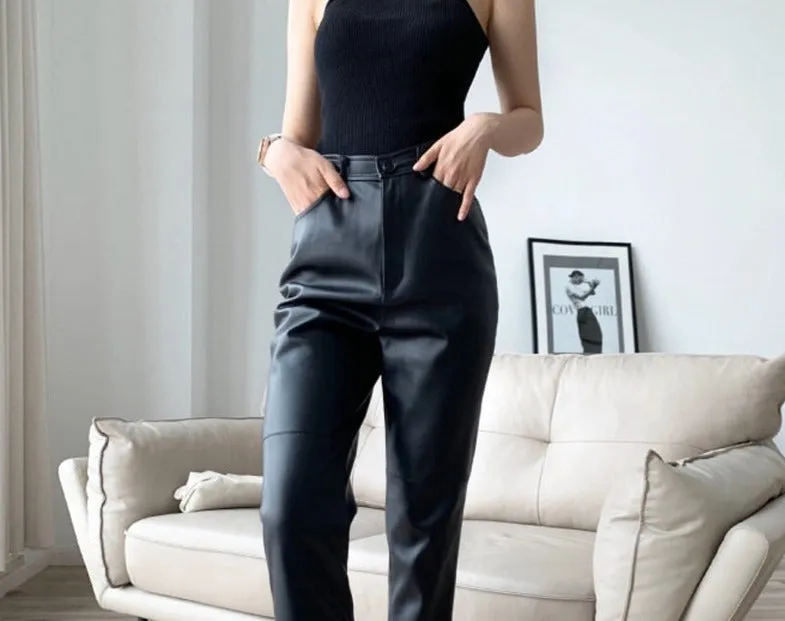 Loose Pockets Women PU Leather Trousers High Waist Single Button Ladies Straight Pants