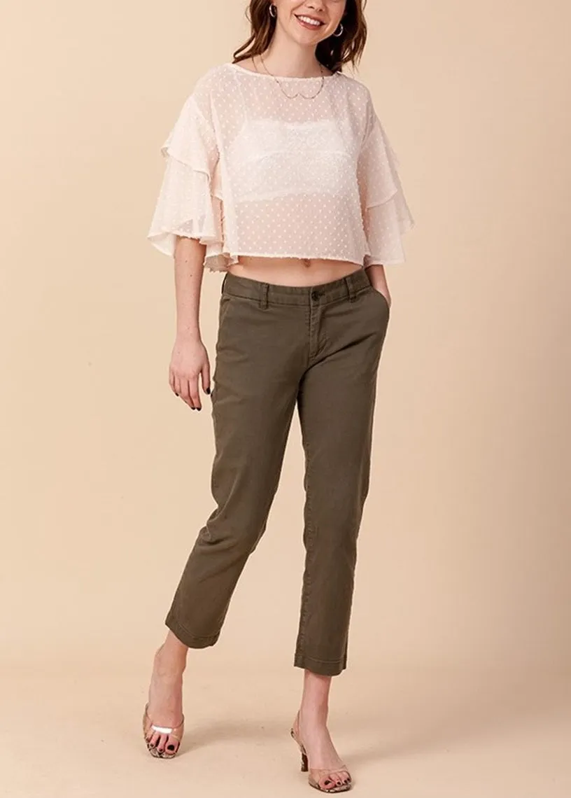 Mackey Ivory Swiss Dotted Short Sleeve Crop Top