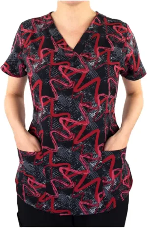 Maevn Women's V-Neck Print Scrub Top 1767 AWV Abstruct Wavy Zigzag <br> Sizes XS to XL