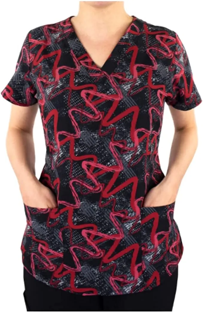 Maevn Women's V-Neck Print Scrub Top 1767 AWV Abstruct Wavy Zigzag <br> Sizes XS to XL