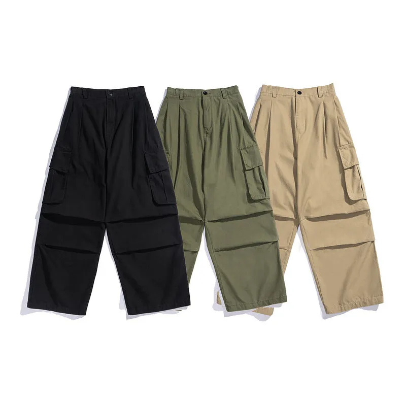 Man Fall Outfits Cargo Pants Multi-Pocket Wide-Leg Overalls Men's and Women's Loose All-Matching Drawstring Ankle-Tied Casual Pants