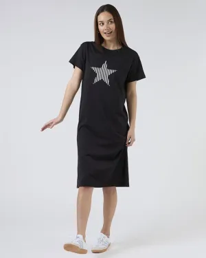 MAXI T-SHIRT DRESS BLACK WITH BLACK AND WHITE STRIPE STAR