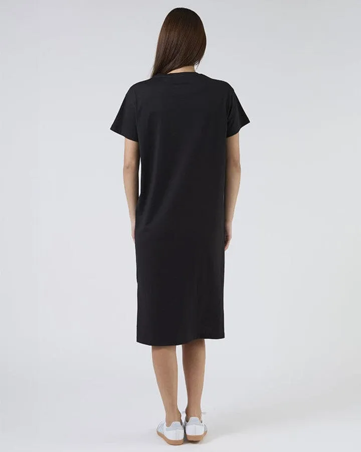 MAXI T-SHIRT DRESS BLACK WITH BLACK AND WHITE STRIPE STAR