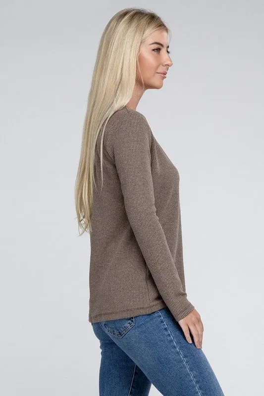 Melange Baby Waffle V-Neck Long Sleeve Top - Online Exclusive