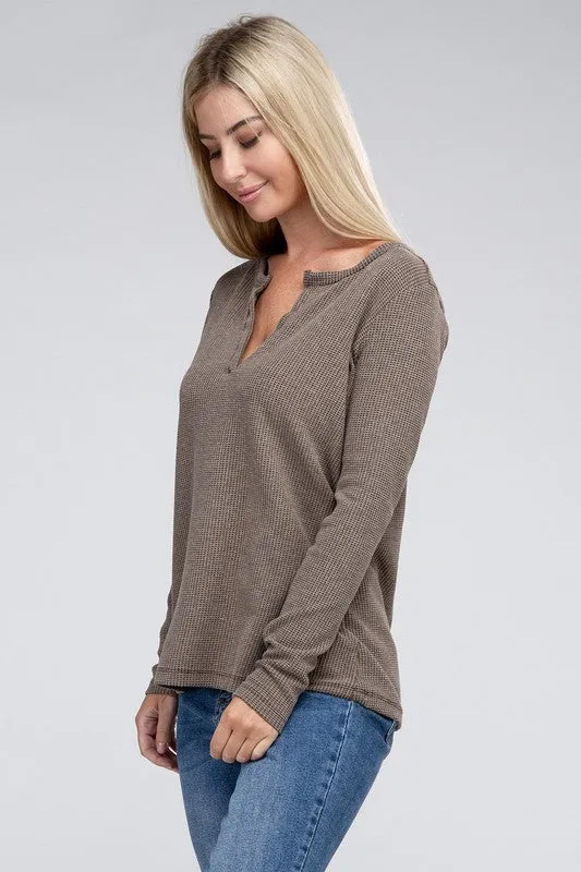 Melange Baby Waffle V-Neck Long Sleeve Top - Online Exclusive