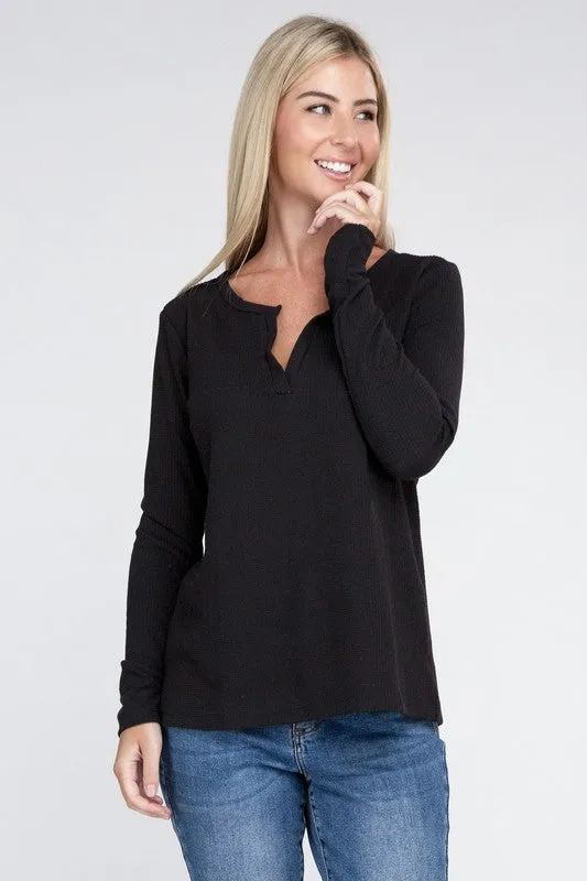 Melange Baby Waffle V-Neck Long Sleeve Top - Online Exclusive