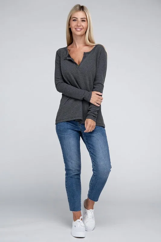 Melange Baby Waffle V-Neck Long Sleeve Top - Online Exclusive