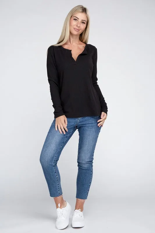 Melange Baby Waffle V-Neck Long Sleeve Top - Online Exclusive