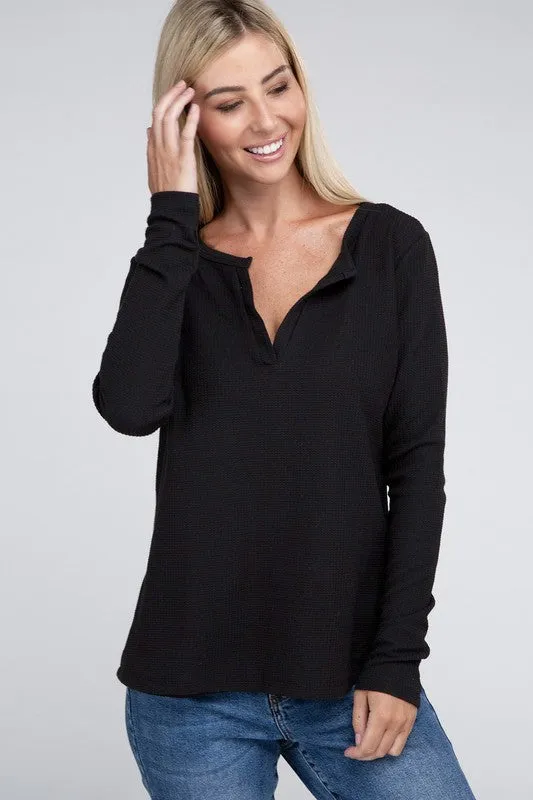 Melange Baby Waffle V-Neck Long Sleeve Top - Online Exclusive