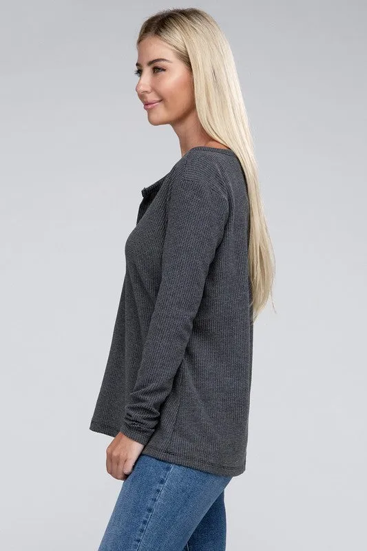 Melange Baby Waffle V-Neck Long Sleeve Top - Online Exclusive