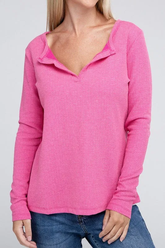 Melange Baby Waffle V-Neck Long Sleeve Top - Online Exclusive
