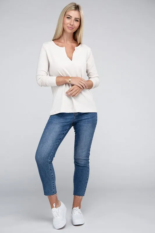 Melange Baby Waffle V-Neck Long Sleeve Top - Online Exclusive
