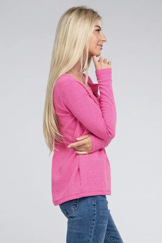 Melange Baby Waffle V-Neck Long Sleeve Top - Online Exclusive