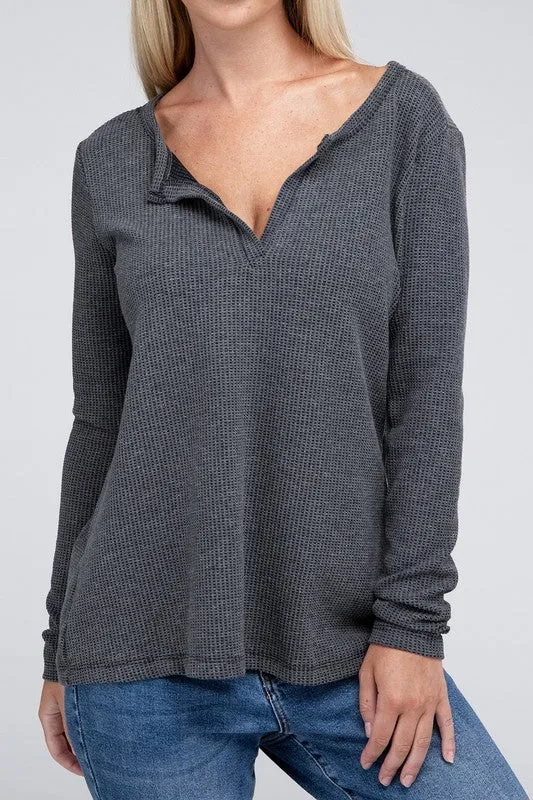 Melange Baby Waffle V-Neck Long Sleeve Top - Online Exclusive