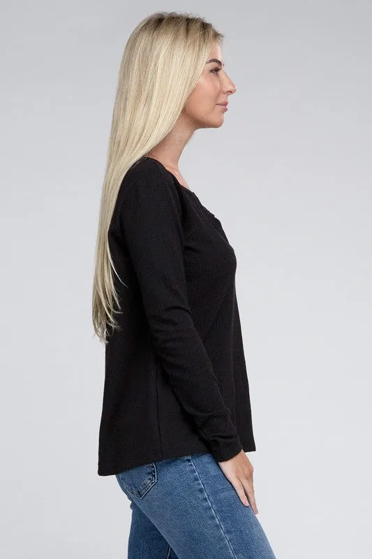 Melange Baby Waffle V-Neck Long Sleeve Top - Online Exclusive