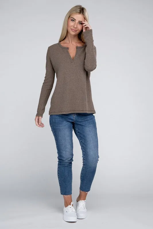 Melange Baby Waffle V-Neck Long Sleeve Top - Online Exclusive
