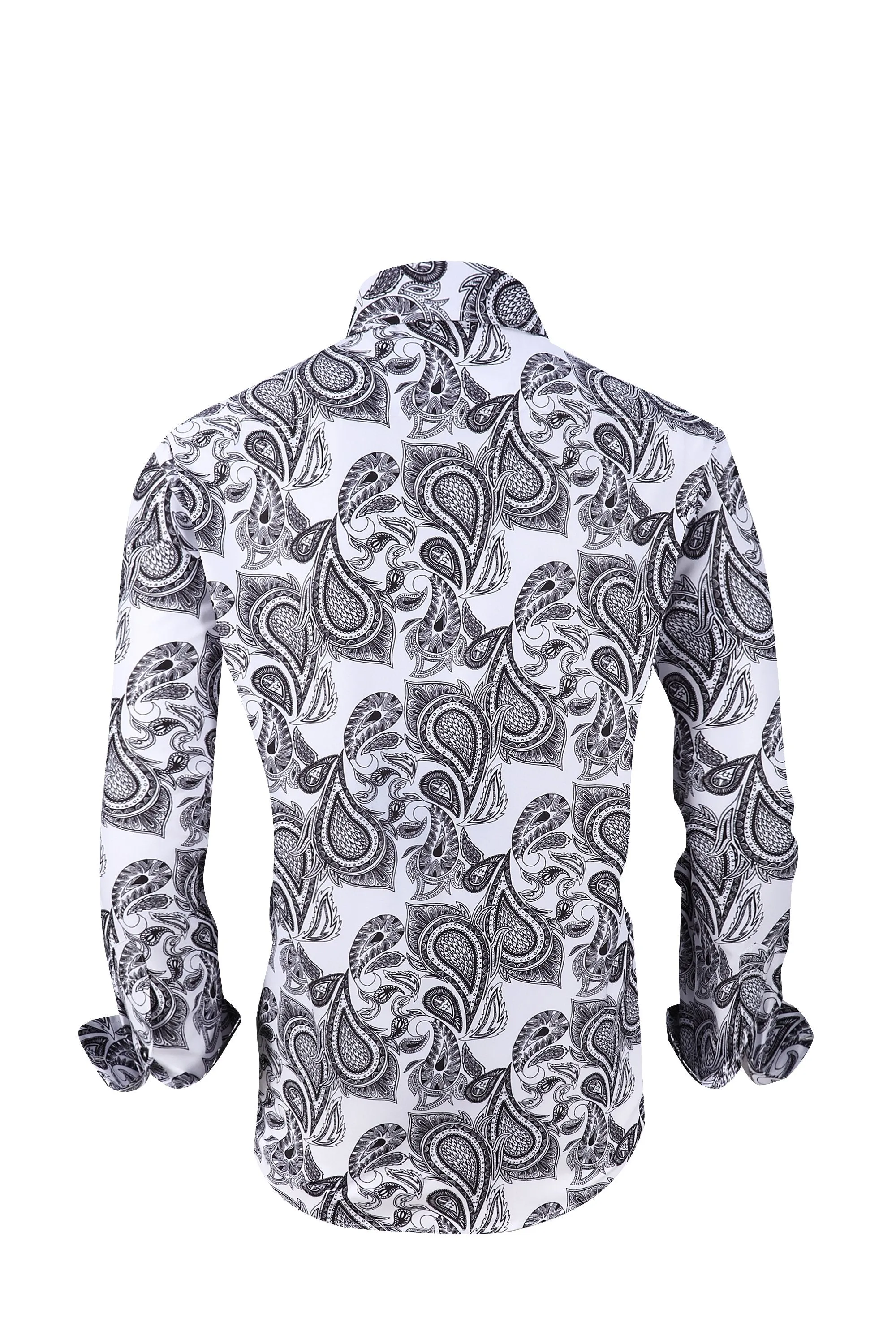 Men PREMIERE Long Sleeve Button Down Dress Shirt White with Black Paisley