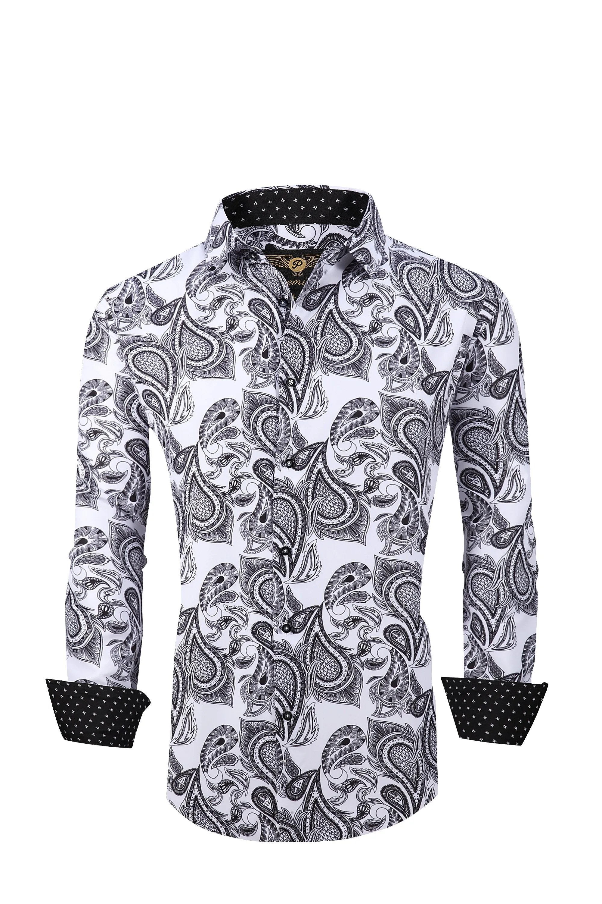 Men PREMIERE Long Sleeve Button Down Dress Shirt White with Black Paisley
