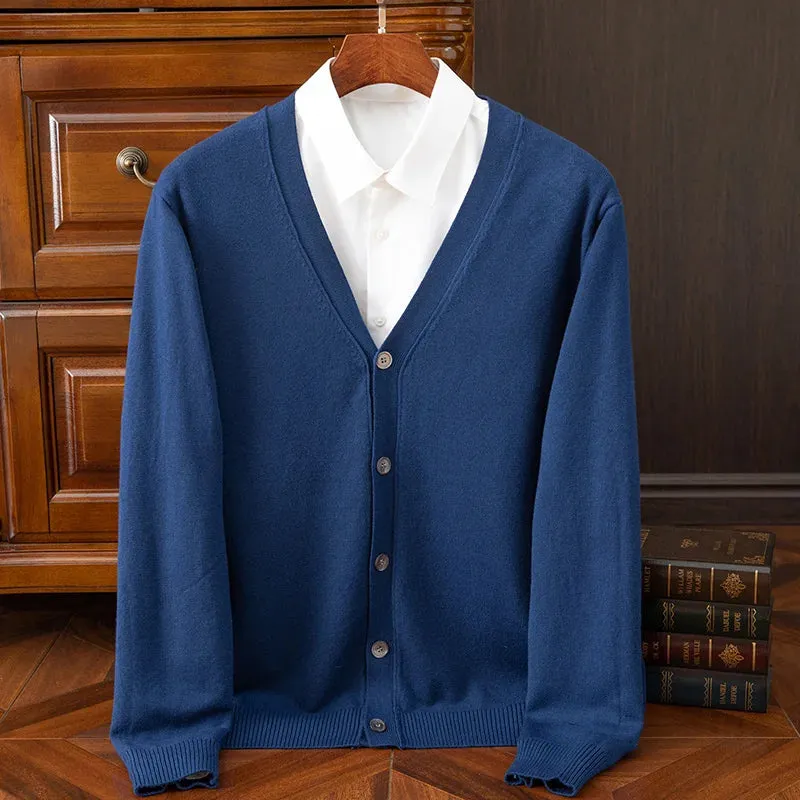 Mens Cashmere Solid Colour Basic V Neck Single Breasted Loose Fitting Knitted Cardigan