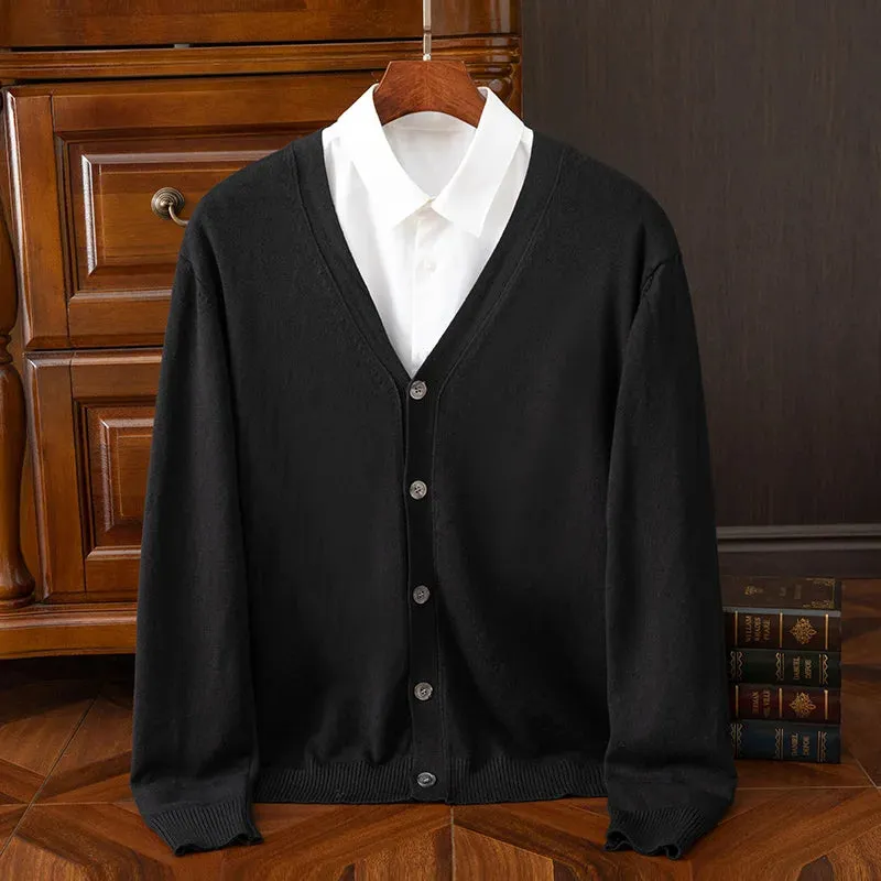 Mens Cashmere Solid Colour Basic V Neck Single Breasted Loose Fitting Knitted Cardigan