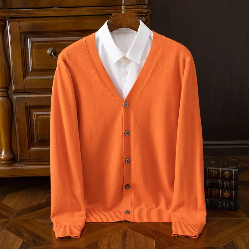 Mens Cashmere Solid Colour Basic V Neck Single Breasted Loose Fitting Knitted Cardigan