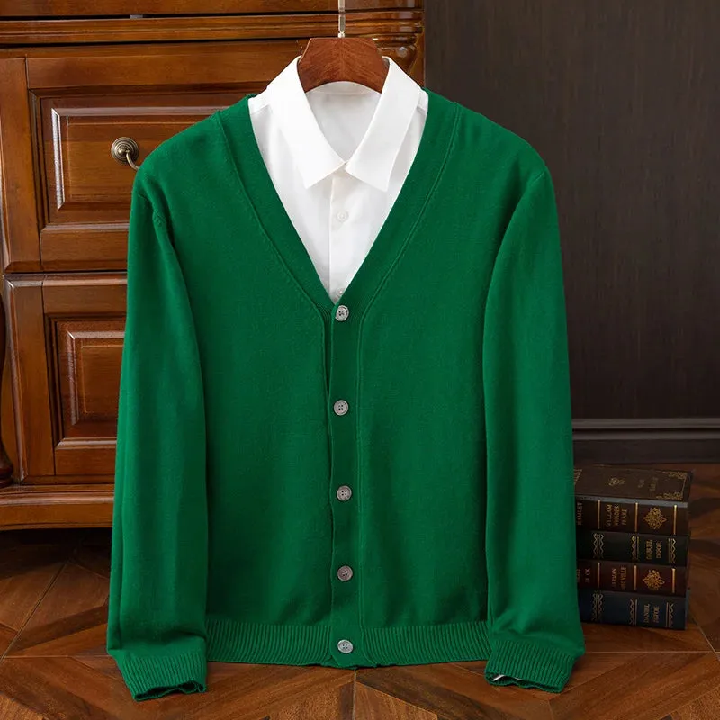 Mens Cashmere Solid Colour Basic V Neck Single Breasted Loose Fitting Knitted Cardigan