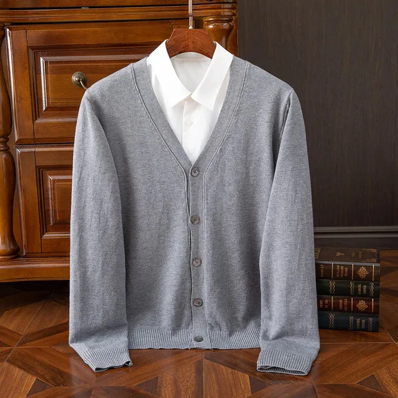 Mens Cashmere Solid Colour Basic V Neck Single Breasted Loose Fitting Knitted Cardigan