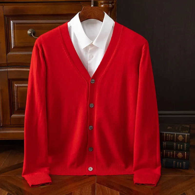 Mens Cashmere Solid Colour Basic V Neck Single Breasted Loose Fitting Knitted Cardigan