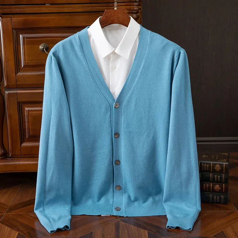 Mens Cashmere Solid Colour Basic V Neck Single Breasted Loose Fitting Knitted Cardigan