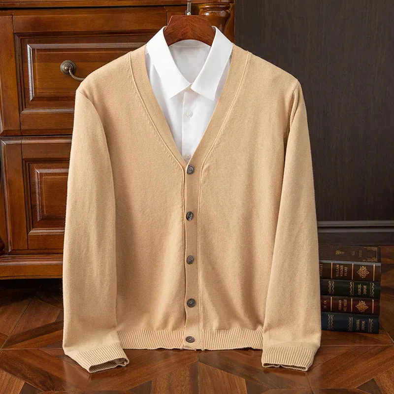 Mens Cashmere Solid Colour Basic V Neck Single Breasted Loose Fitting Knitted Cardigan