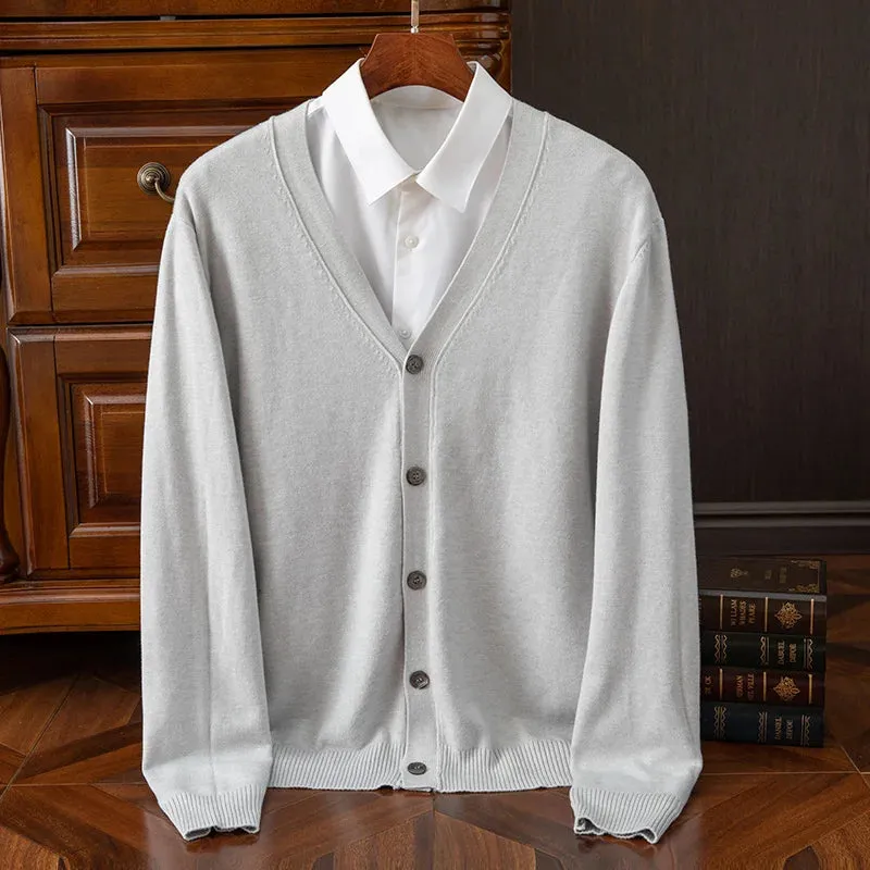 Mens Cashmere Solid Colour Basic V Neck Single Breasted Loose Fitting Knitted Cardigan