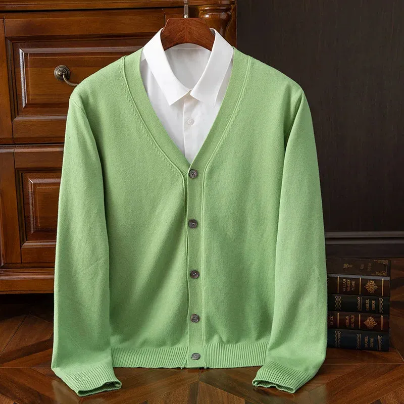 Mens Cashmere Solid Colour Basic V Neck Single Breasted Loose Fitting Knitted Cardigan