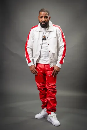 Men's Leather Track Jacket And Pants Set [White/Red]