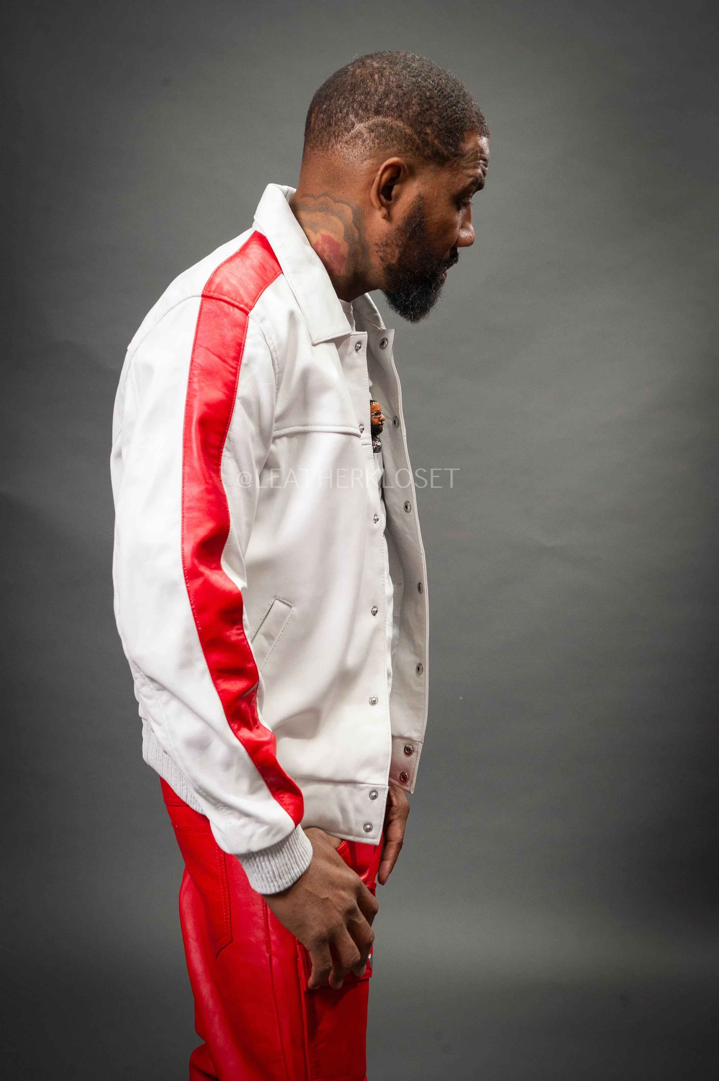 Men's Leather Track Jacket And Pants Set [White/Red]