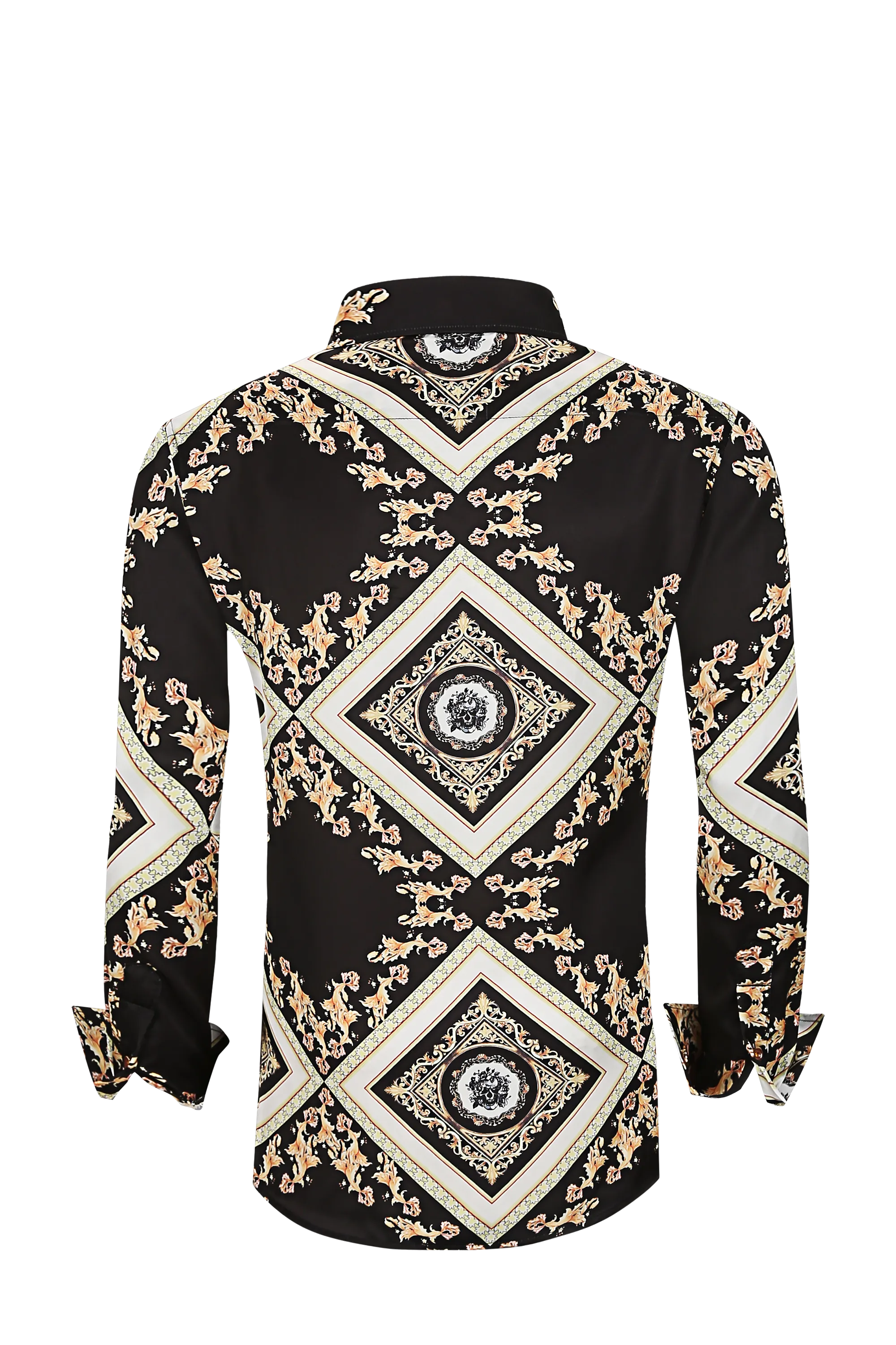 Mens PREMIERE Silky Long Sleeve Button Down Dress Shirt Black Gold Skull