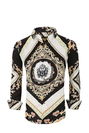 Mens PREMIERE Silky Long Sleeve Button Down Dress Shirt Black Gold Skull