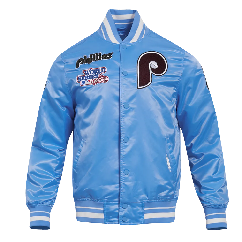 MLB PHILADELPHIA PHILLIES RETRO CLASSIC MEN'S RIB SATIN JACKET (UNIVERSITY BLUE)