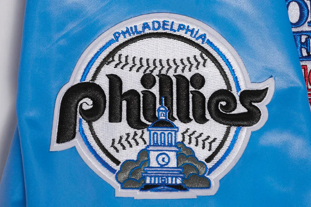 MLB PHILADELPHIA PHILLIES RETRO CLASSIC MEN'S RIB SATIN JACKET (UNIVERSITY BLUE)