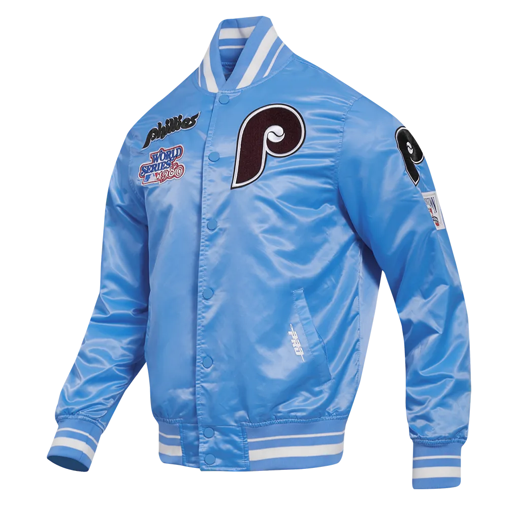 MLB PHILADELPHIA PHILLIES RETRO CLASSIC MEN'S RIB SATIN JACKET (UNIVERSITY BLUE)