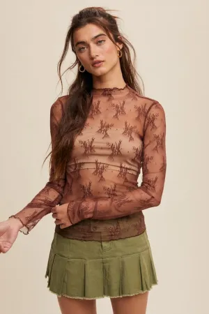 Mock Neck Lace Layering Top - Red Bean