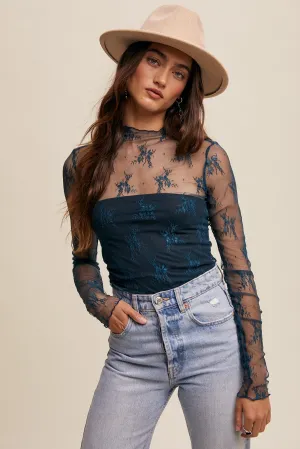 Mock Neck Lace Layering Top - Teal