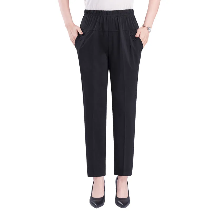 Mom Summer Thin Ankle-Length Pants Casual High Waist Plus Size Ice Silk Straight Elderly Women Elderly Pants